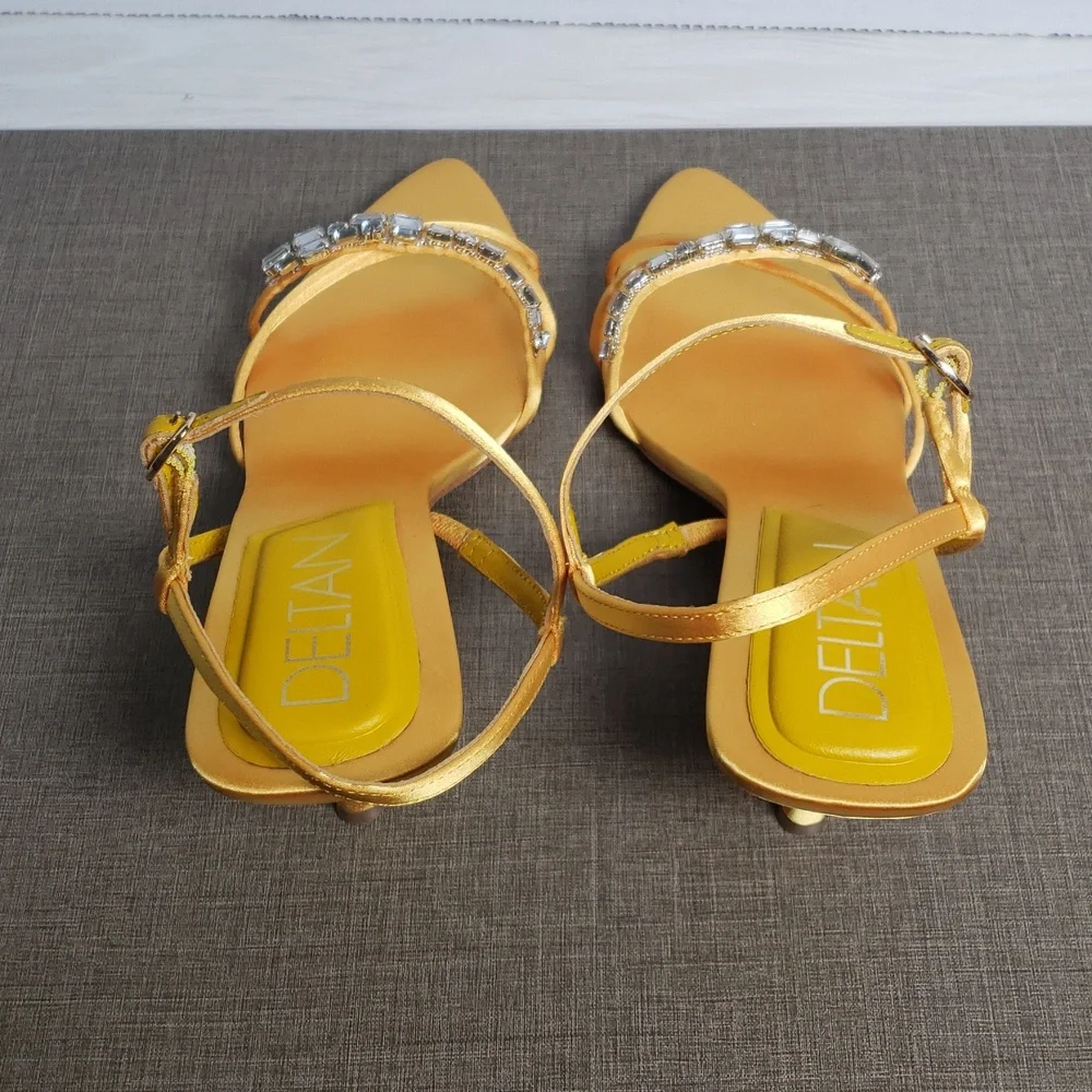 Deltan Yellow Aria Satin Jewel Ornament Dress Sandals - SZ‎ 7 - NWOT